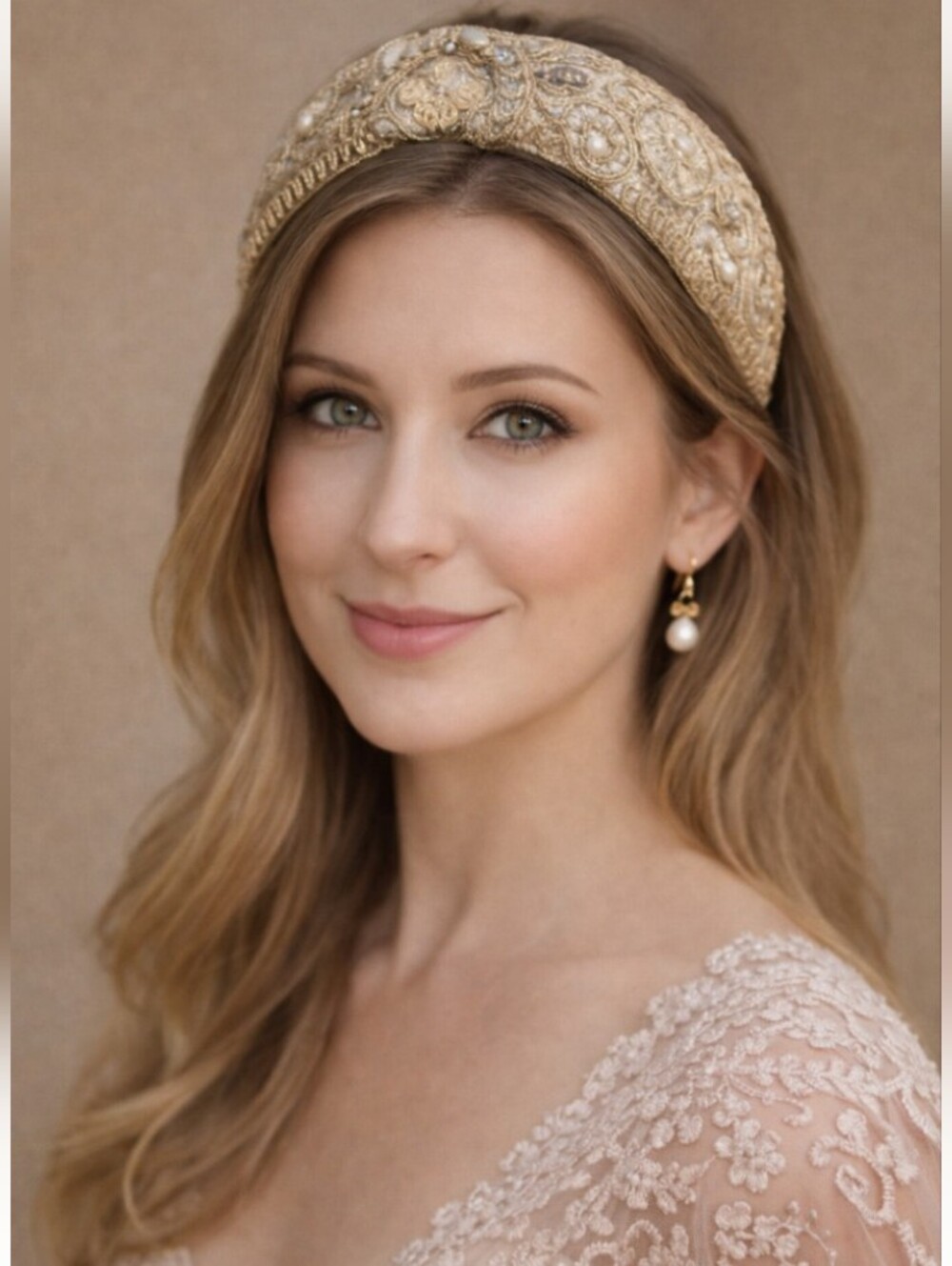 Embroidered Padded Headband – Gold & Champagne Brand New